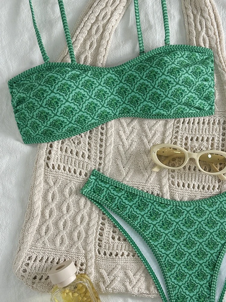 Sexy Bandeau Bikini 2025 femmes vert imprimé fleuri Push Up rembourré string maillot de bain été maillot de bain deux pièces maillots de bain Biquini