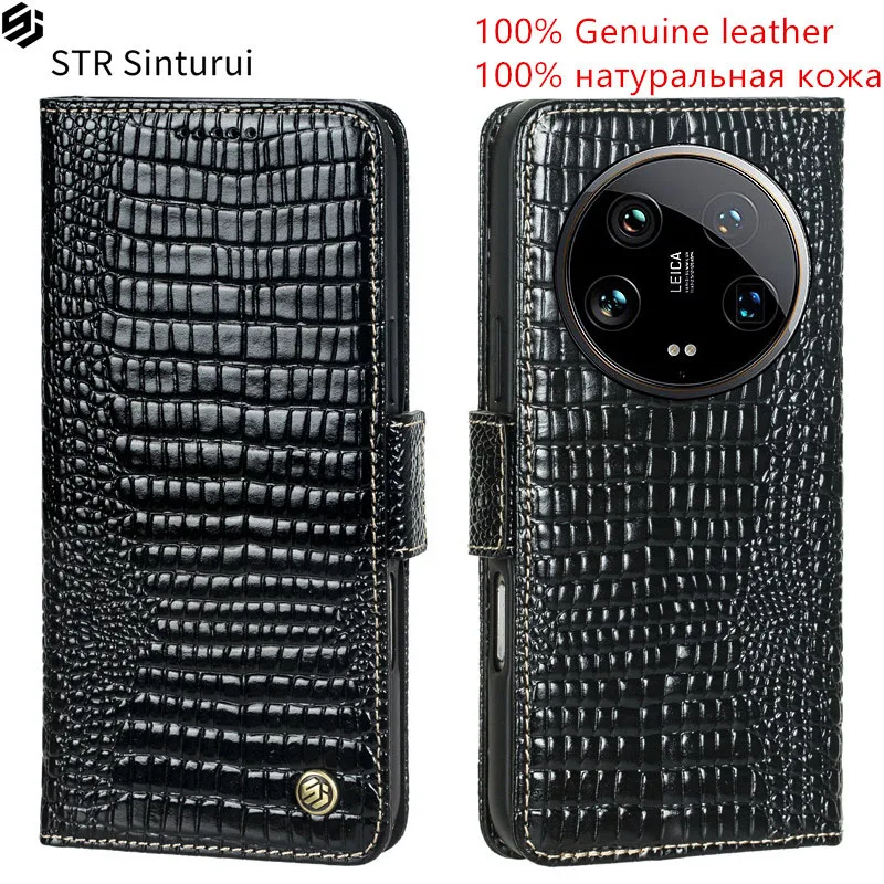 

STR 100% Genuine leather lizard grain card Slot Wallet Cover For Xiaomi 13 14 Ultra 14T 13T Pro Lite Flip shockproof phone Case