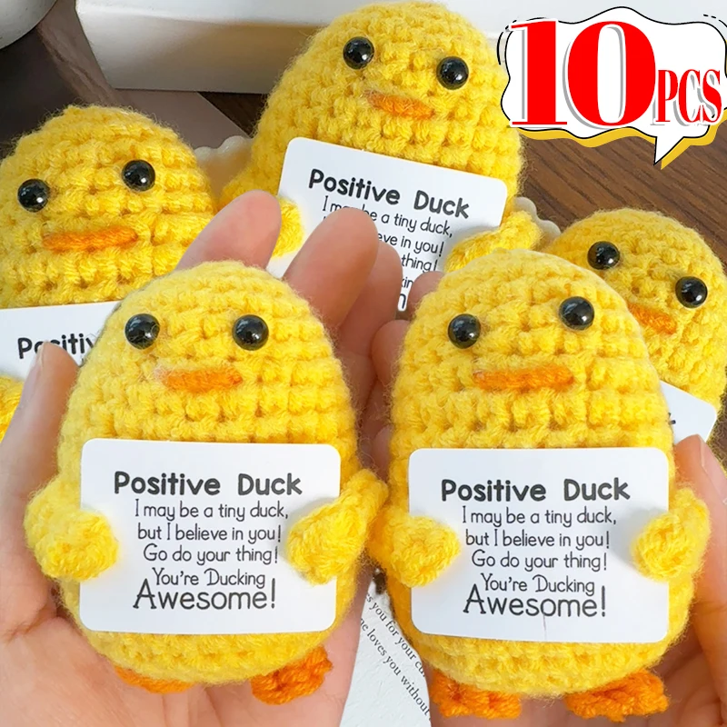 1/10PCS Positive Energy Crochet Duck Doll Handmade Pocket Plush Wool Knitted Yellow Duck Ornament Home Room Decor New Year Gifts