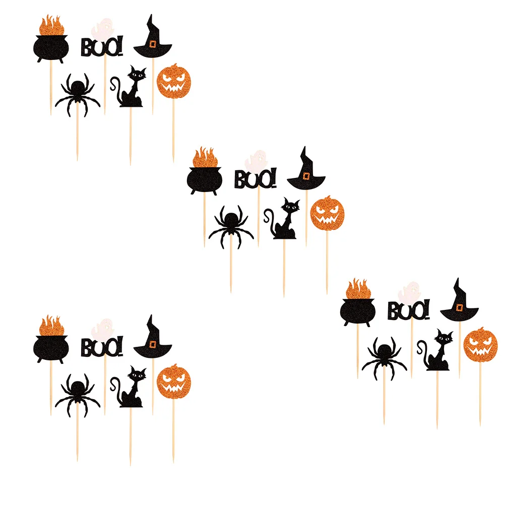 

24pcs Halloween Cake Toppers Ghost Cat Pumpkin Decorations Creative Picks Dessert Supplies Party Accessories Cake