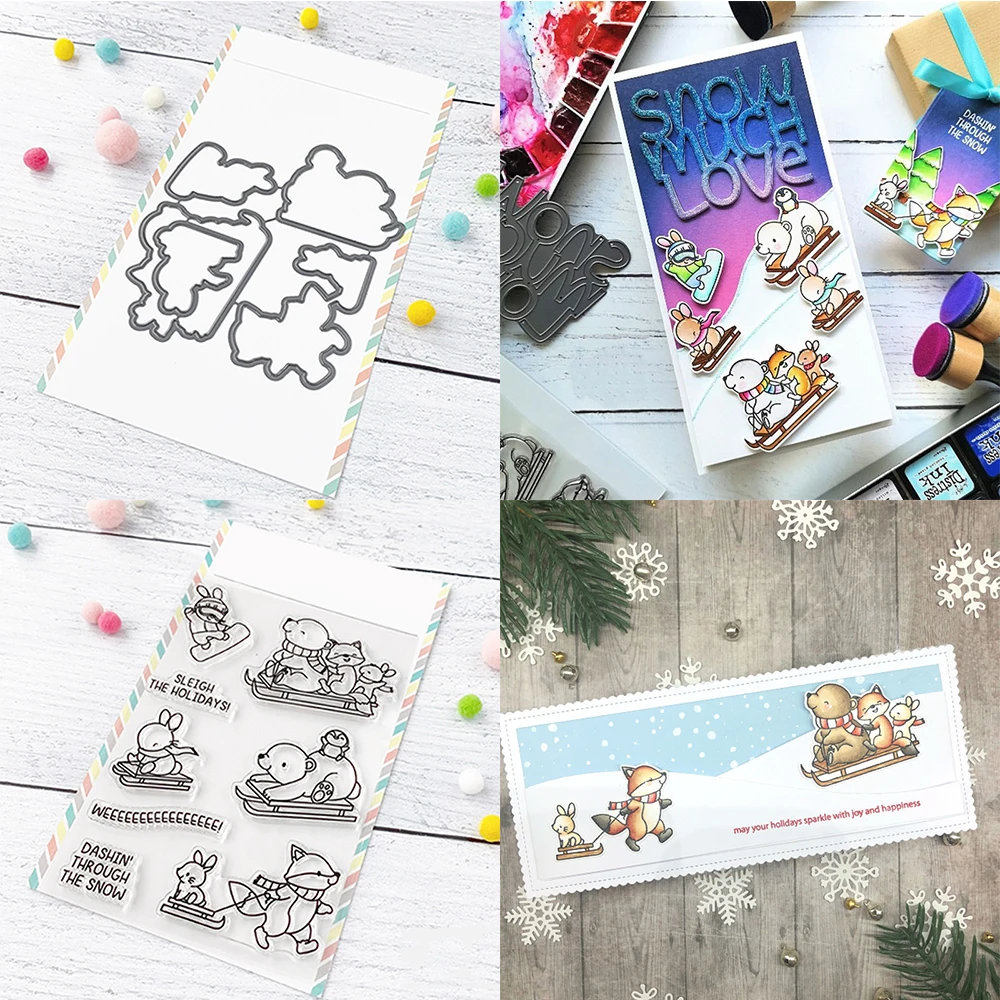 

Bear Fox Bunny Sled Metal Cutting Dies Clear Stamps Set For DIY Scrapbooking Christmas Paper Craft Album Card Making Template