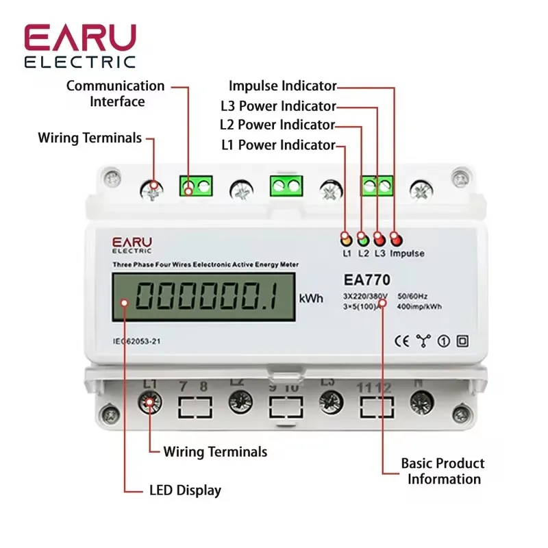 Three Phase Four Wires Eelectronic Active Energy Meter kWh Power Consumption Monitor DIN Rail 50/60Hz 3*5(100)A 50/60Hz LCD LED