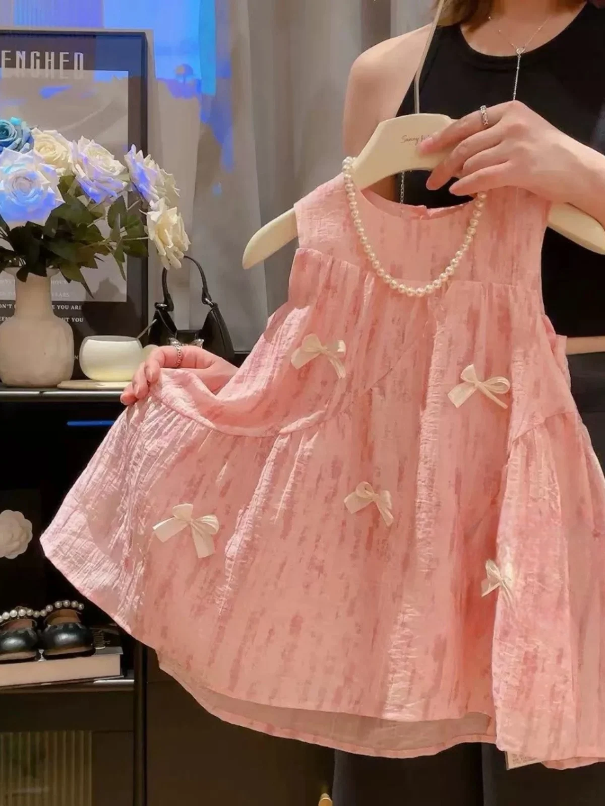 

Girls Breathable Korean Style Sweet Summer New Arrival Sleeveless Knot Pink Princess Dress Baby Friendly All Match