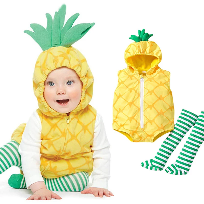 

Carnival Baby Girls Boys Pineapple Costume Infant Bodysuit Sleeveless Romper Hoodie Purim Halloween Fancy Dress Stockings Set