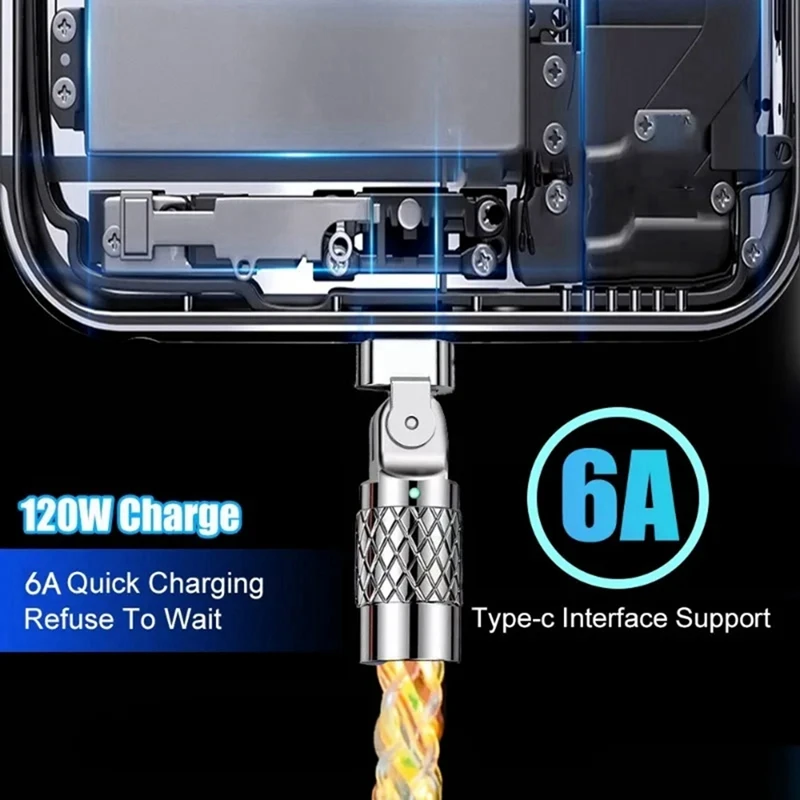 180 °   Girar cabo carregador brilhante rgb 6a 120w cabos de carregamento rápido para cabo de fio do telefone móvel 1m fácil de usar tipo porta c