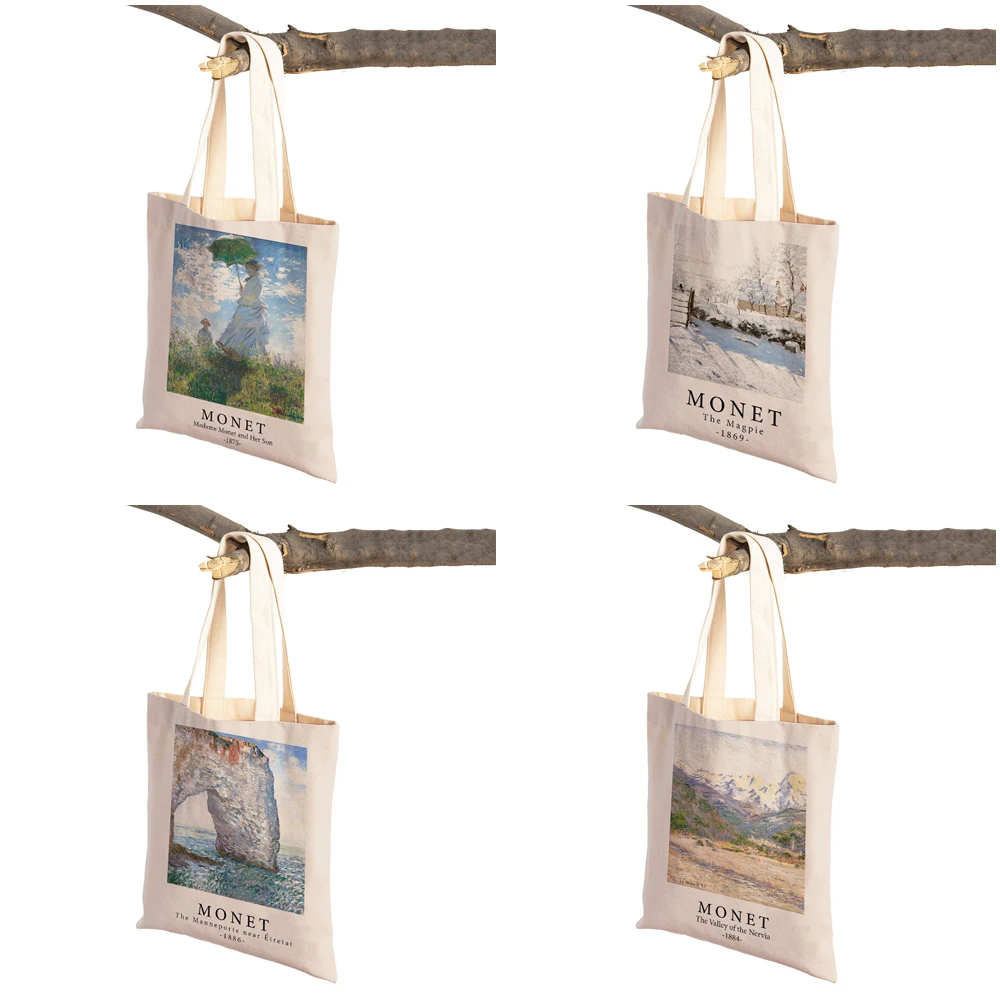 Impressionism Artist Claude Monet Shoulder Shopper Bag Women Shopping Bags Double Print Casual Lady Canvas Tote Handbags