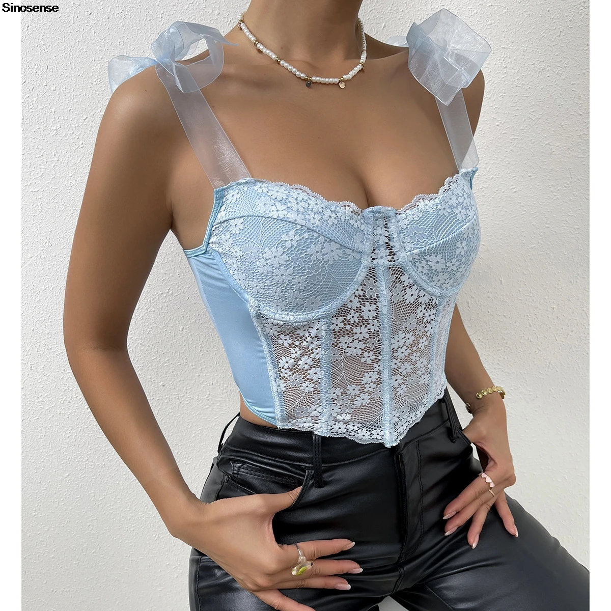 Women Floral Lace Contrast Mesh Tie Strap Bustier Top Elegant Sleeveless Curved Hem Corset Tops Y2K Night Club Party Crop Tops