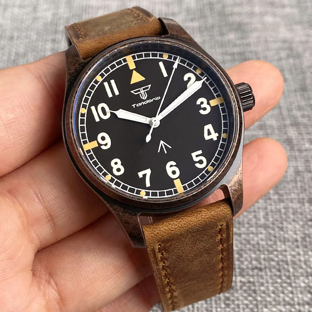 Tandorio 39mm Pilot Orologio meccanico automatico rivestito in bronzo stile vintage NH35A/PT5000 Movimento 200m Vetro zaffiro impermeabile