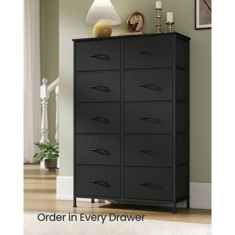 Black/Brown/White 10 Drawers Storage Dresser, Steel MDF Closet Organizer Unit With Non-Woven Drawers, Multi-Use Storage Cabinet For Bedroom,Cloakroom The top surface is ideal for lamps, clocks, and other daily essentials.