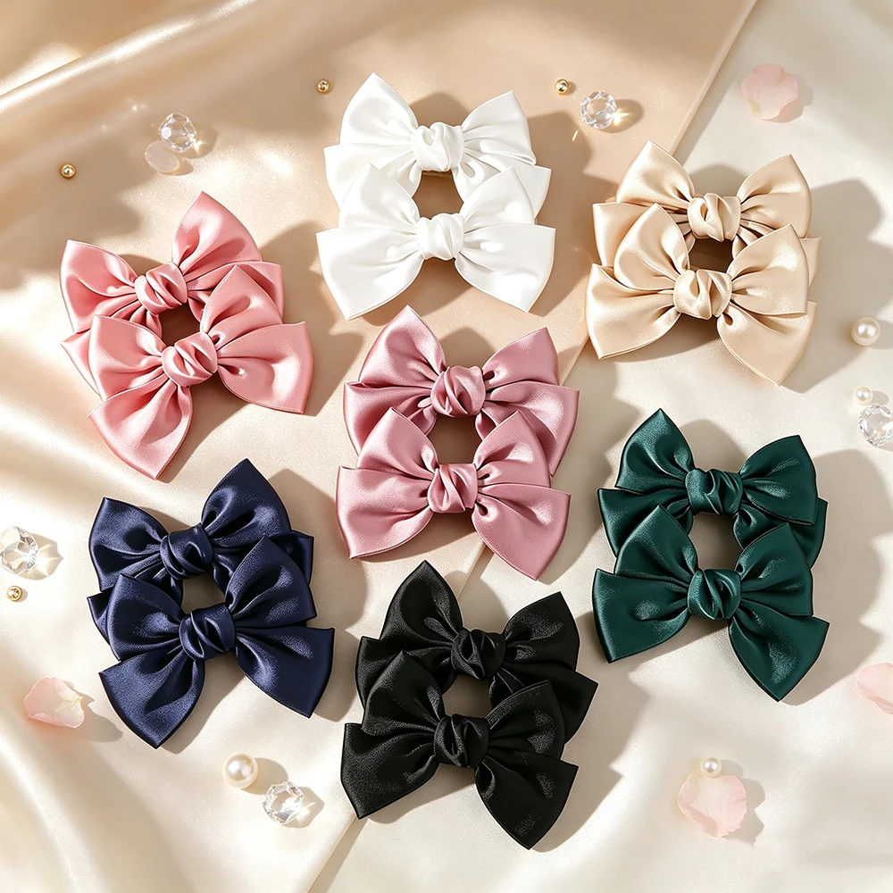 JOLLYPASS 2Pcs Matte Satin Big Bow Hair Clips Pair Barrettes Solid Color Large Bow Alligator Clips Little Girls Hair Accessories