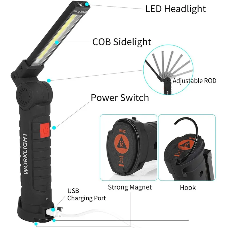 Imagem -06 - Led Cob Work Light 360 Graus Rotate Usb Recarregável de Borracha Coberta de Inspeção do Carro Lâmpada de Trabalho com Ímã e Gancho