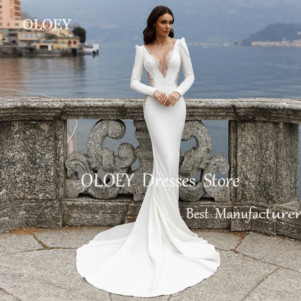 OLOEY Boho Deep V Neck Wedding Dresses Pleat Satin Cut Out Appliques Mermaid Ball Gowns Court Train Woman's Formal Bride Beach