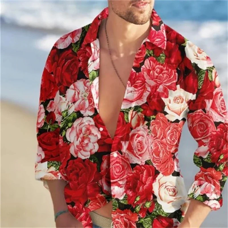 Butterfly Hawaiian Shirts Floral 3d Print Shirts Men Fashion Shirt Long Sleeve Casual Beach Blouse Lapel Tees Tops Men Clothing