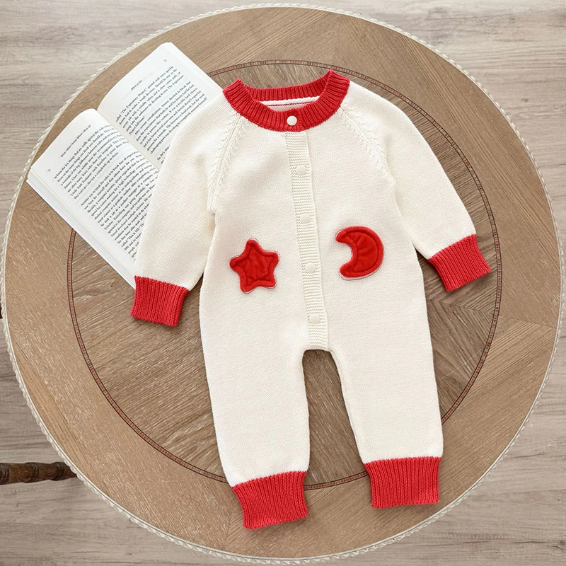 عيد الميلاد طقم قطعة واحدة للأطفال الخريف الرضع الحياكة بذلة الوليد الطفل نجوم والقمر البلوز رومبير الخريف سترة الموضة