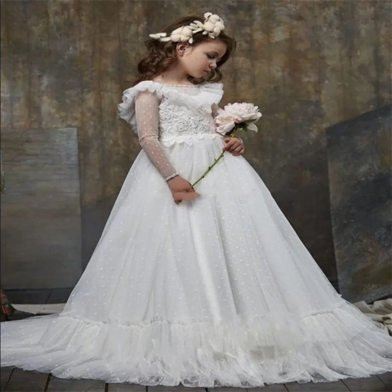 

Simple Flower Girl Dress Long Fluffy Applique Backless Ball Gown Princess First Communion Birthday Bespoke Occasion Gown