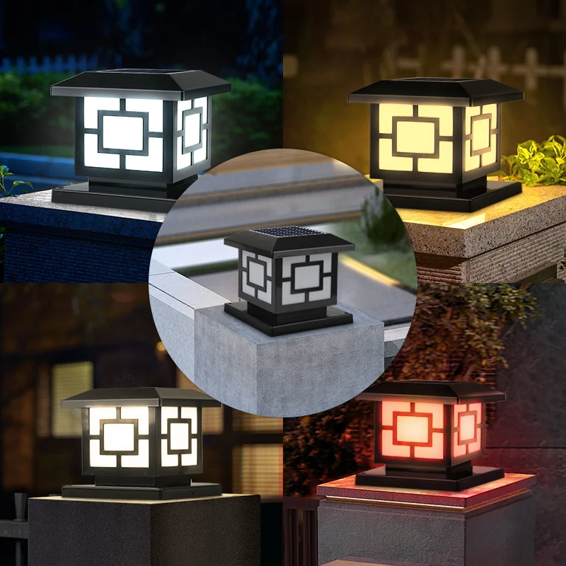 LED Outdoor Solar Lamp with Remote Control 4 Colors Pillar Light for Garden Fence Corridor Exterior Waterproof Solar Post Light