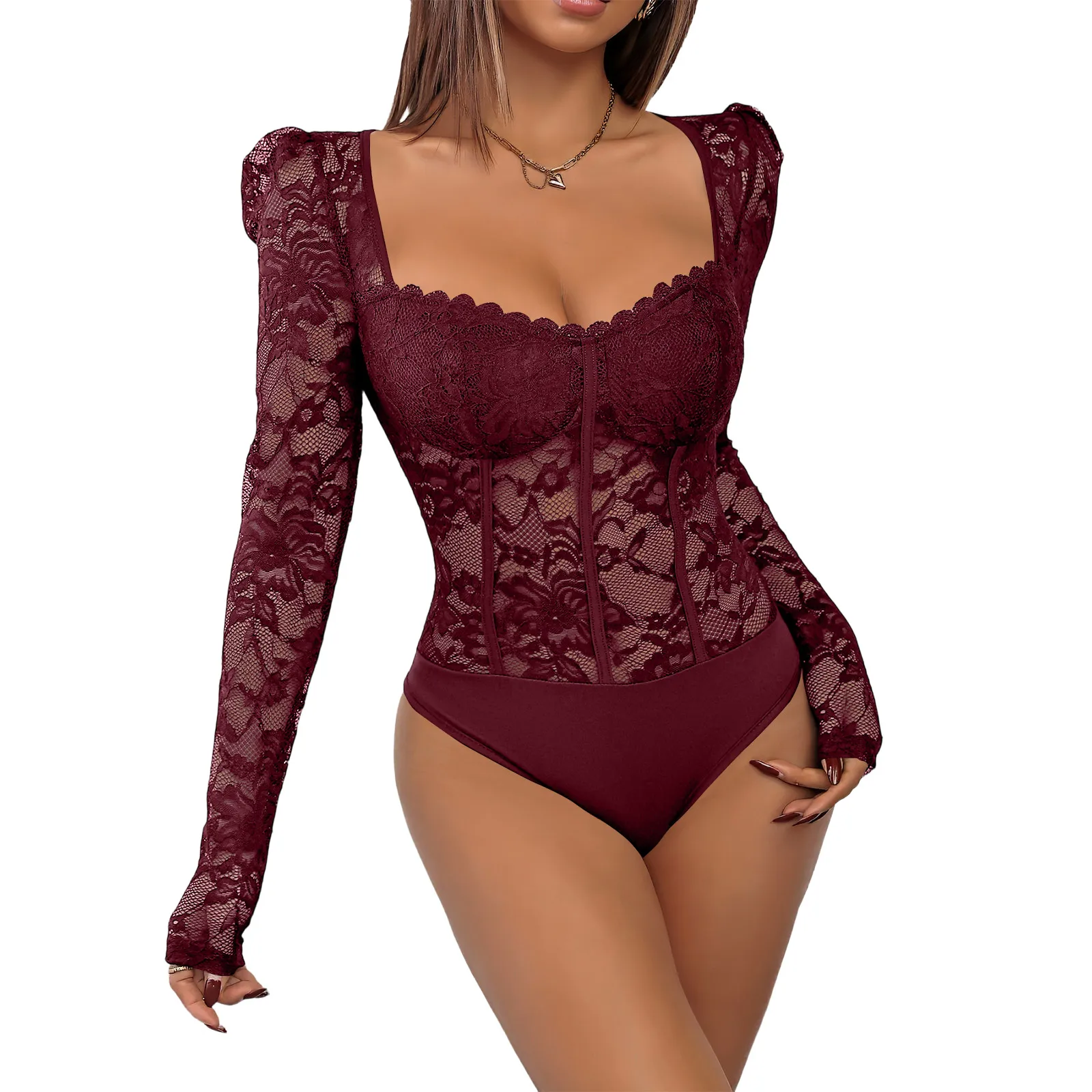 

Women's Thin Jumpsuit with Lace Trim and Square Neckline, Solid Color Sexy Tight Bodysuit, Sexy See-through Bodysuits