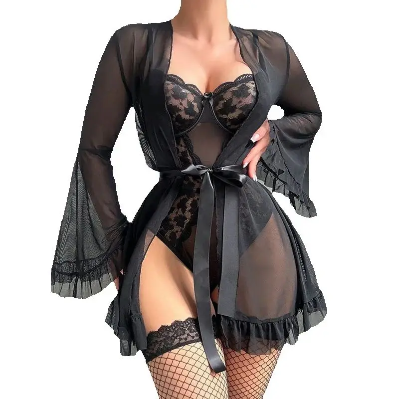 Transparent Erotic Outfit Solid Color Nightgown Long Sleeve Robe Crotchless Sexy Lingerie Sleepwear Pajamas Adult Nightdress