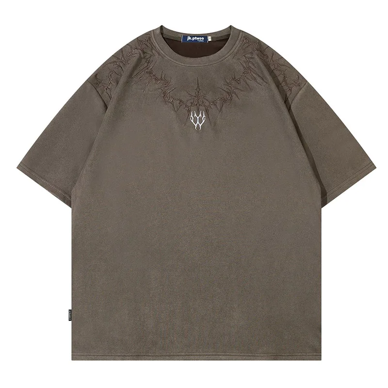 Oversized Hip Hop Suede T Shirt Harakuju Streetwear Top Tees For Male Embroidery Pattern