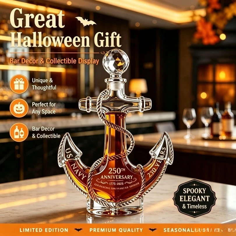 Anchor Shaped Glass Whiskey Decanter Nautical Style Liquor Bottle with Decorative Sticker for Home Bar Display Gift