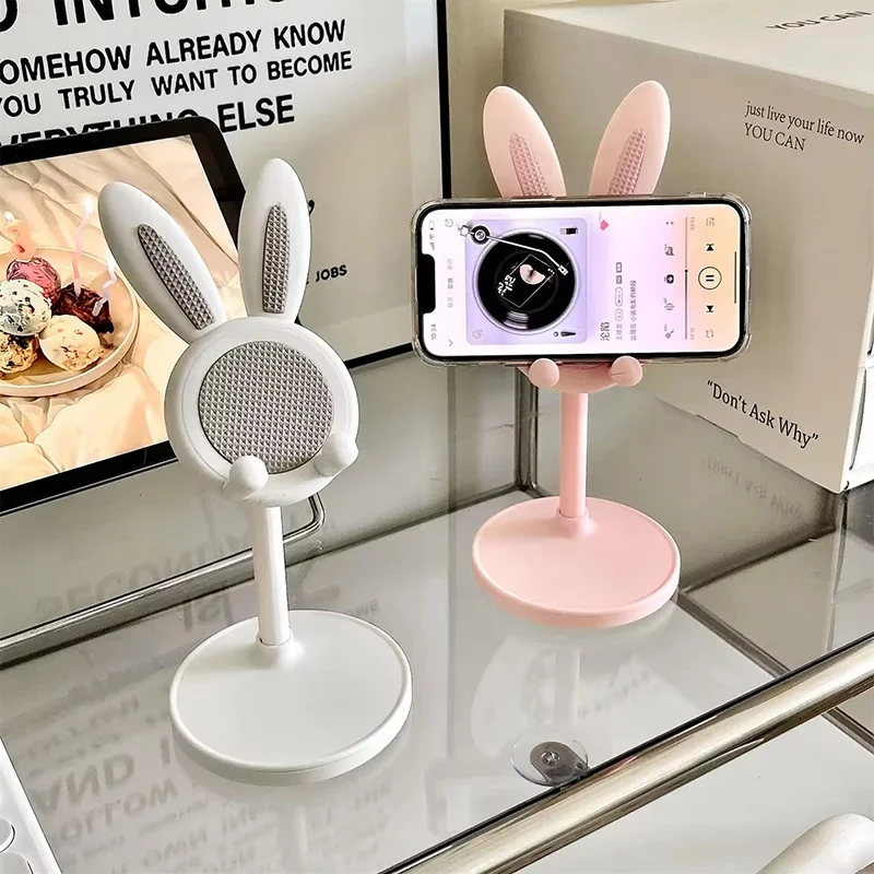 Retractable Pink Lovely Rabbit Mobile Phone Holder Adjustable Phone Stand Tablets Bracket For iPhone Huawei iPad OnePlus Realme
