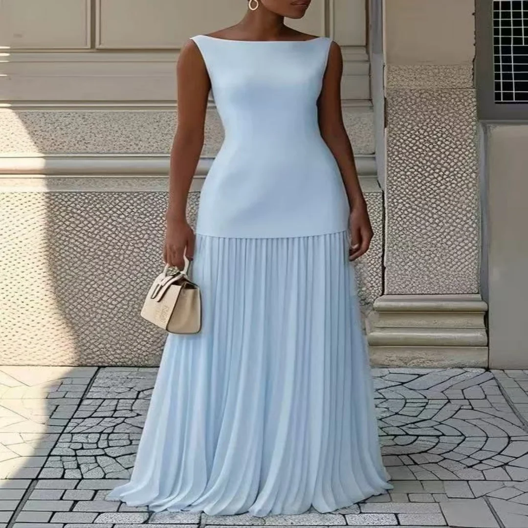 Women Elegant Solid Splice Pleated Skirts Set Sexy Slash Neck Sleeveless Tank Boho Dress Summer Hollow Slim Maxi Skirts   3.5