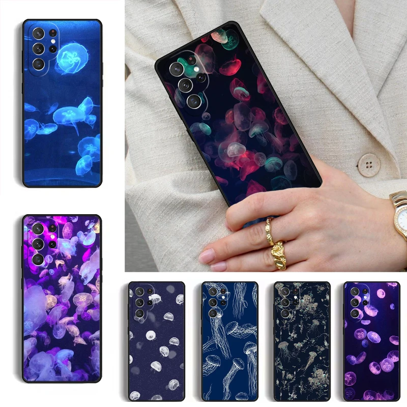 Jellyfish Print Navy Phone Case for Samsung Galaxy S26 S25 Ultra S24 S23 S22 S21 Plus Note 10 Bumper Cover