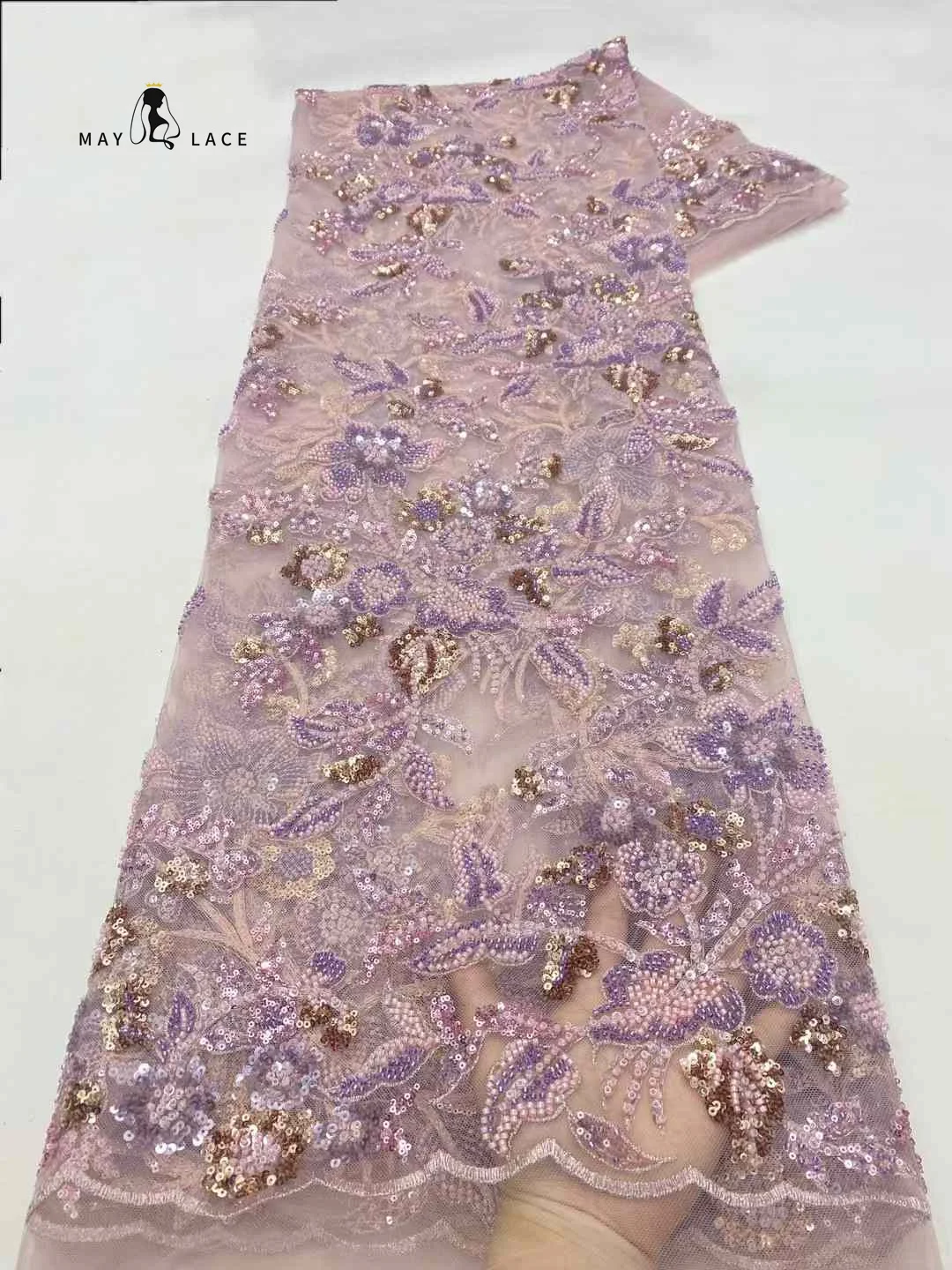 

Nigerian Lace Fabrics for Women, African Tulle Lace, Handmade Bead, Sequins Fabrics for Wedding Dresses, Latest Fashion, 5 Yards