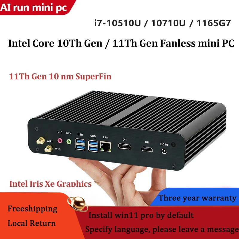 11th Gen Fanless Mini PC Intel Core i7-1165G7 Windows 11 2*DDR4 M.2 NVMe+Msata+2.5\'\'SATA HTPC NAS HDMI DP