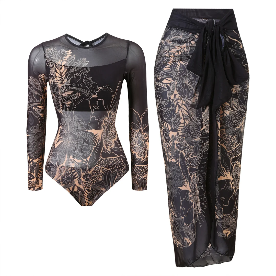 S - XXL, bedruckter, langärmeliger Badeanzug mit Sarong, einteiliger Badeanzug für Damen, Damen-Bademode, Blumenmuster, gepolsterter Badeanzug, Badebekleidung, Modell V7181. – Detail 16