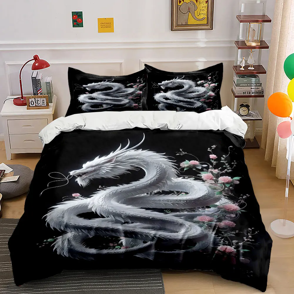 White dragon coiled among blossoms Bedding Set for Kids Luxury Gift 3pcs Digital Print Comforter Set Soft Comfortable