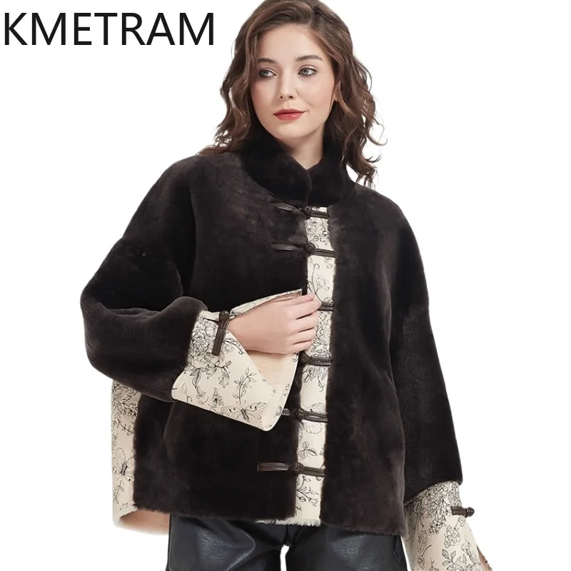 

KMETRAM 100% Natural Goat Sheepskin with Wool Atttached Fur Coat Short New 2025 Winter Women Printed Jacket manteaux hiver femme