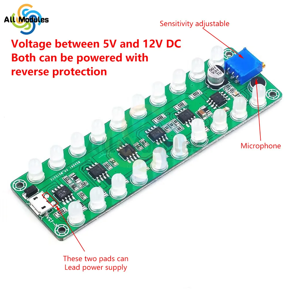 DC 5V-12V DIY Kit Audio Spectrum Indicator RGB LED Flashing LED Flashing Display Module DIY Hand Soldering