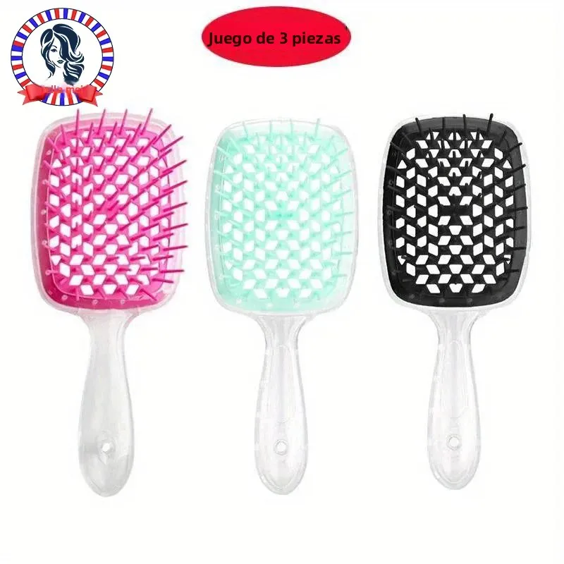 3 cepillos para desenredar el cabello: peine para masaje del cuero cabelludo, herramientas de salón para tipos de cabello normales, mangos de ABS y cabezales de cepillo de plástico