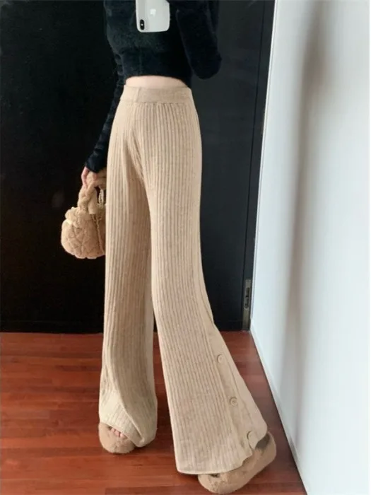 فضفاض بنطال ذو قصة أرجل واسعة المرأة الخريف الشتاء عادية عالية الخصر سستة مستقيم شريط محبوك الطابق طول بنطلون