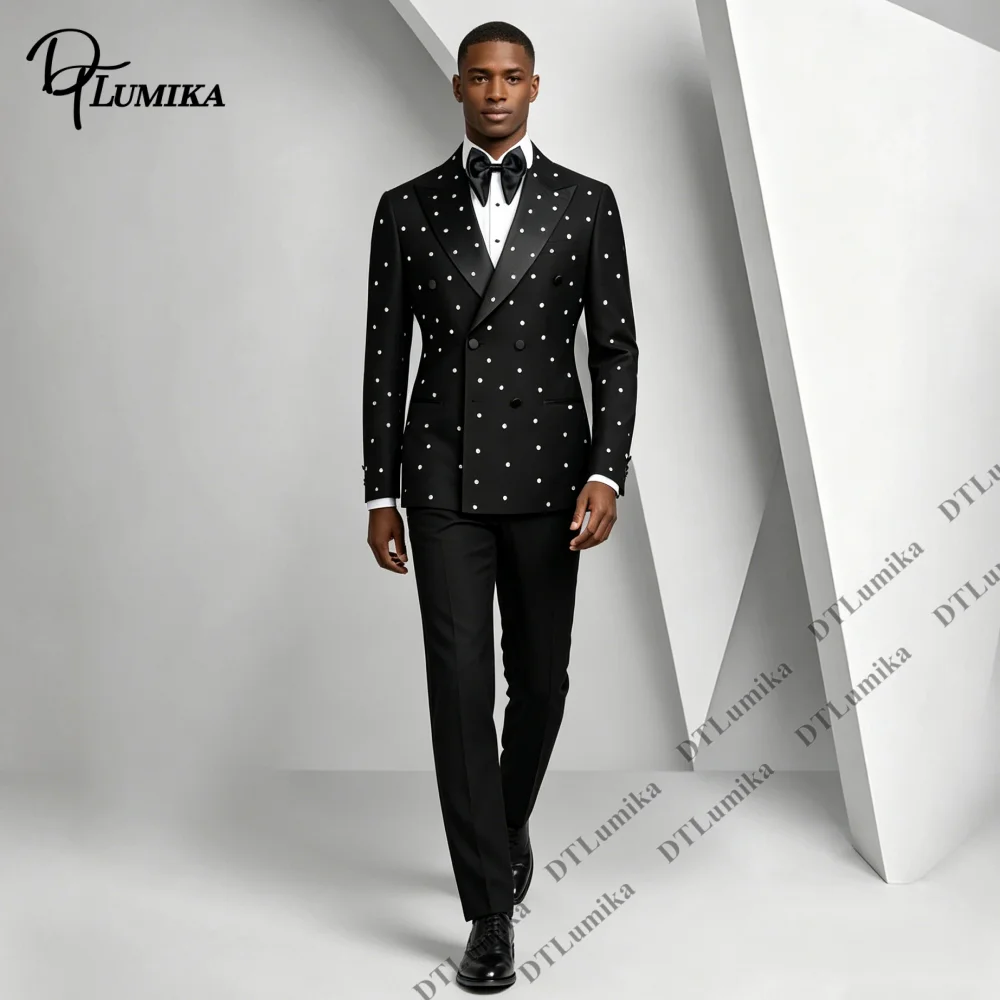 Rhinestone Double Breasted Men 2 Piece Tuxedo Blazer Matching Straight Trousers Set Tailored Fitting Banquet Minimalist Suit