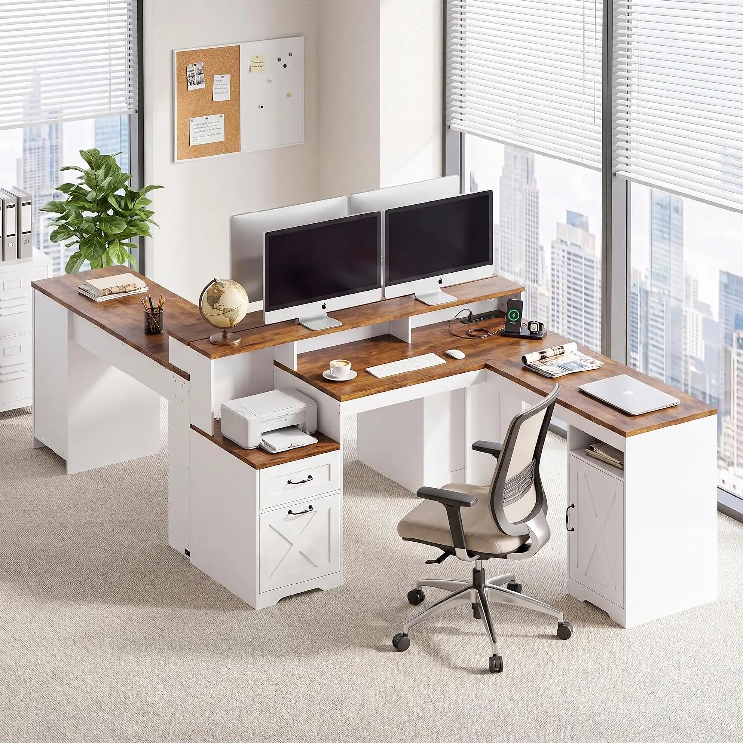 63 Inch Farmhouse L Shaped Computer Desk with Drawers & Power Outlets, Large Corner Desk with Monitor Stand & Printer Shelf