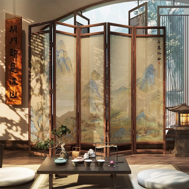 Chinese screen partition living room art foldable, mobile hotel retro national style landscape office solid wood