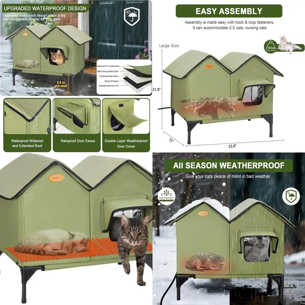 

Winter Insulated Outdoor Cat House for 2-3 Cats, Weatherproof with Escape Door, Elevated and Easy Assembly