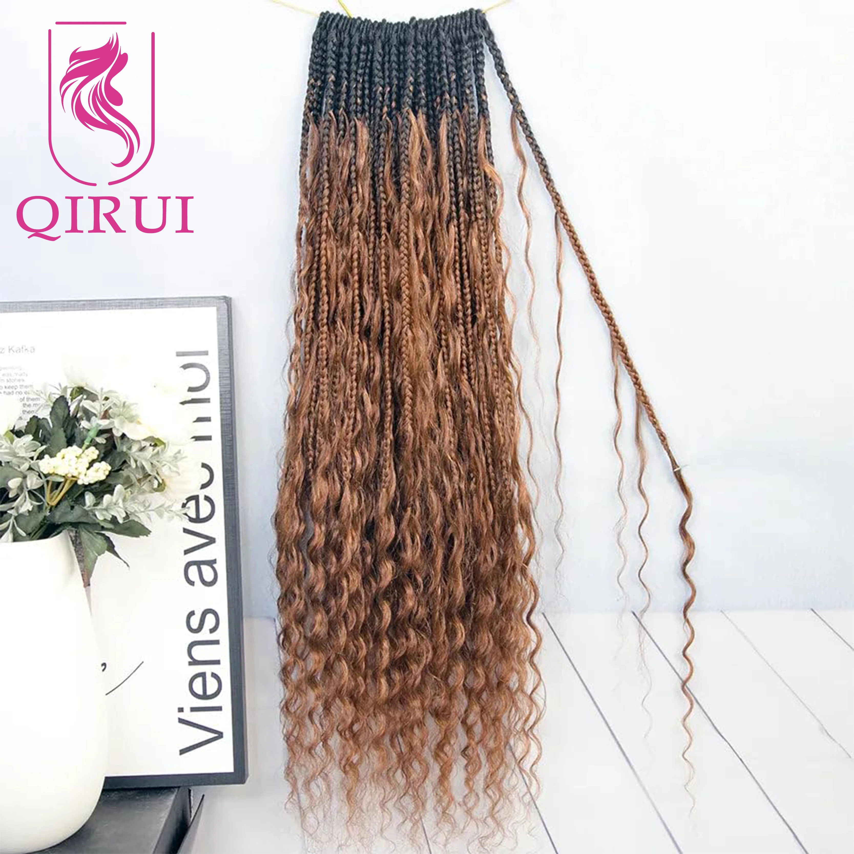 Ombre Brown #1B/30 Boho Crochet Box Braids with Human Hair Curls Deep Wave Pre Looped Box Braids Full Ends Hair Extensions