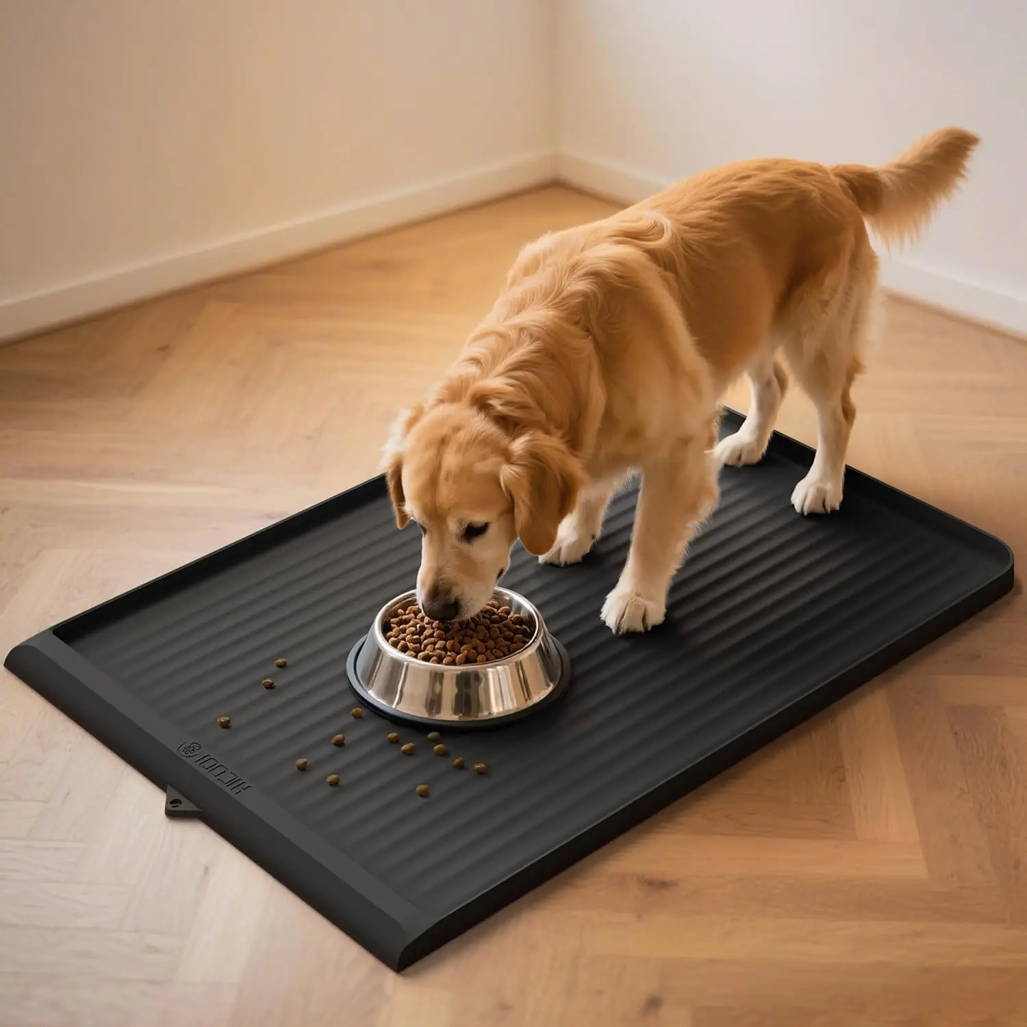 

Large Waterproof Dog Food Mat 36x24 with Non-Slip Design, Raised Edges for Easy Cleaning, Black