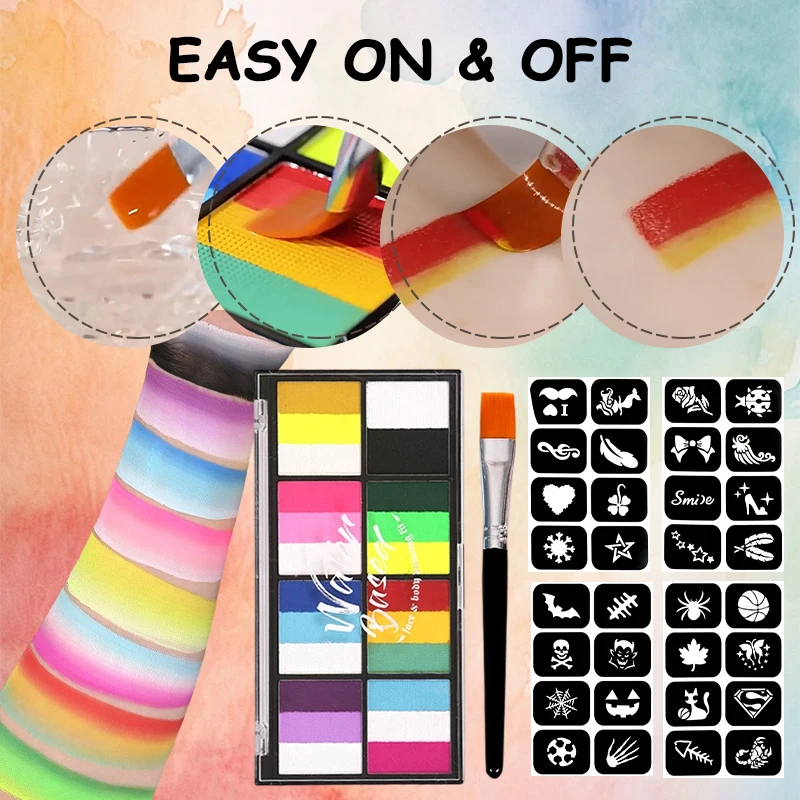 브러쉬 스텐실이 포함된 듀얼 톤 수성 페이스 & 바디 페인트 팔레트, 할로윈, 크리스마스를 위한 무독성 바디 페인트 팔레트 메이크업