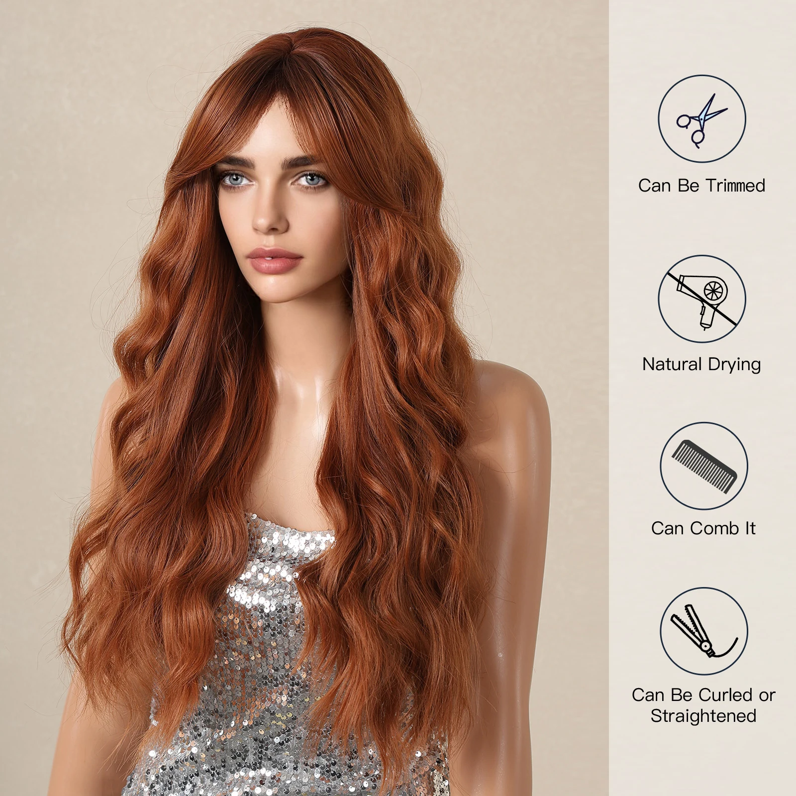 Copper Red Long Wavy Wig with Bangs Synthtic Natural Wave Red Brown Cosplay Party Daily Hair Wigs for Women Heat Resistant Fibre