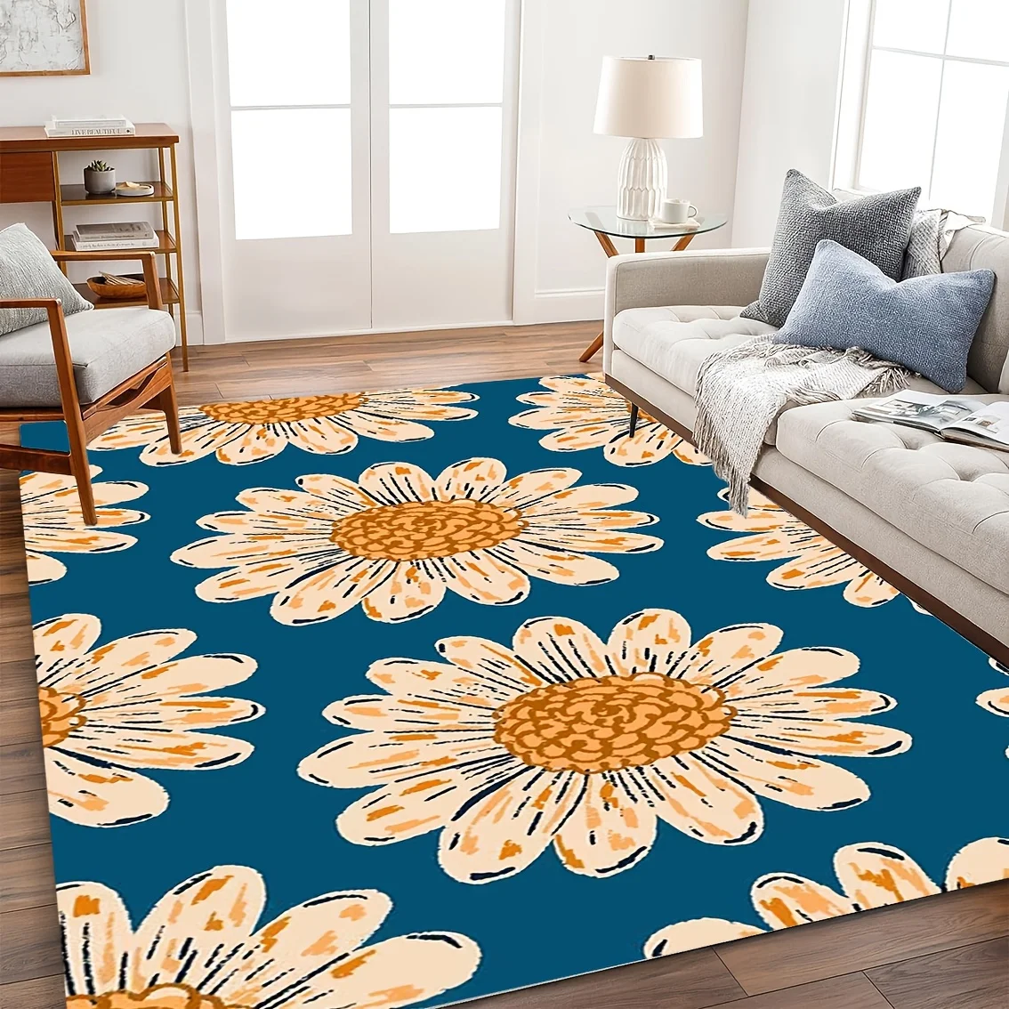 2d Printed Deep Blue Cream Hand Drawn Sunflower Rectangular Area Rug Non Slip Floor Mat For Vintage Summer Home Decor Gift