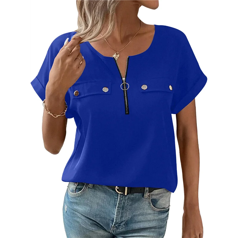 

A83F-Женская блузка на молнии, приятный для кожи топ из полиэстера на пуговицах с короткими рукавами на молнии для отдыха для женщин