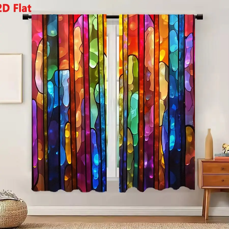 2Pcs Curtains Add 2D Flat Vibrant Abstract Stained Glass Composition With Fluid Organic Shapes And Rich Color Palette Window Dra