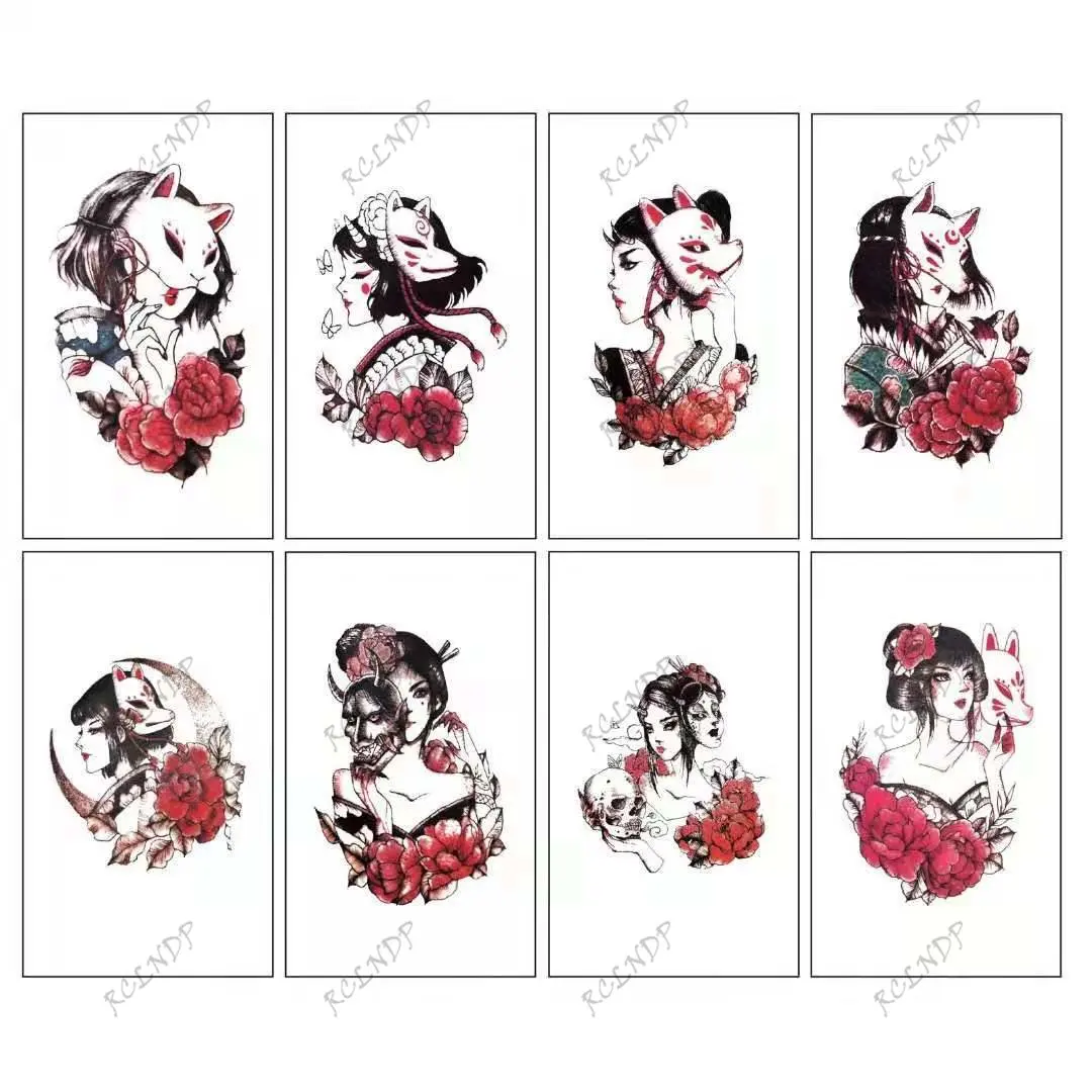 8 Pcs Waterproof Temporary Tattoo Sticker Japanese Geisha Element Flower Sexy Fox Mask Flash Tatoo Fake Tatto for Men Women