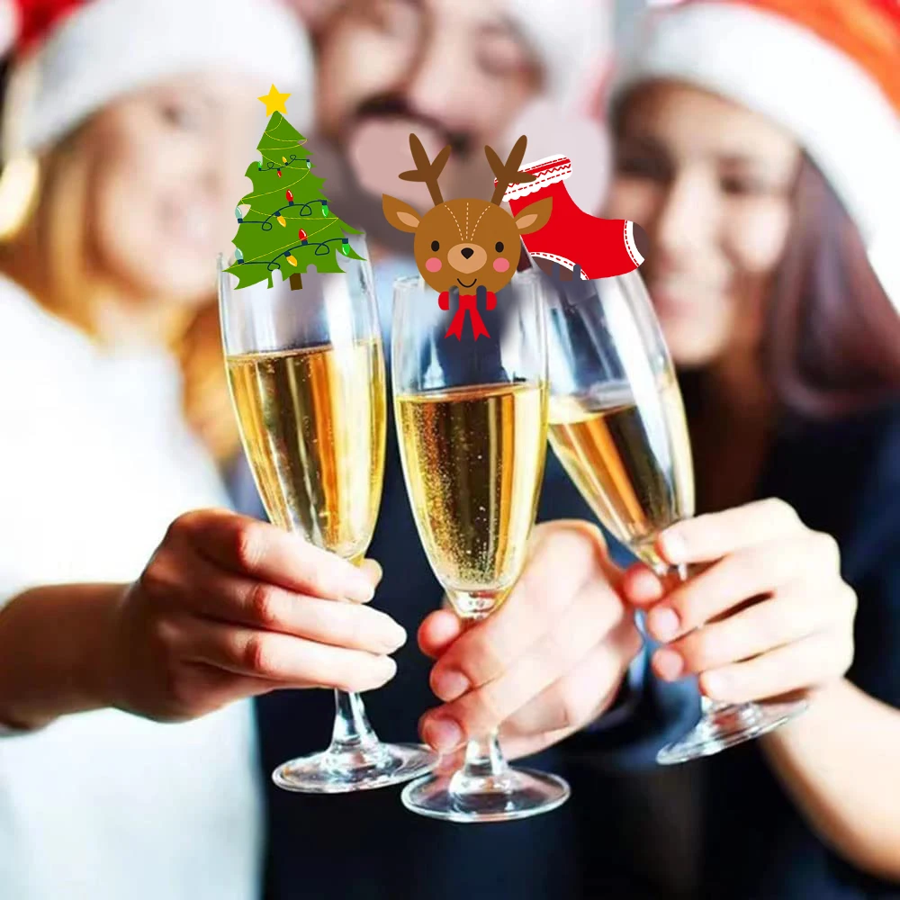 100pcs Wine Cup Card Christmas Decor Santa Hat elk  Xmas Tree Snowman Glass Cup Card table Home Decoration Christmas Accessories