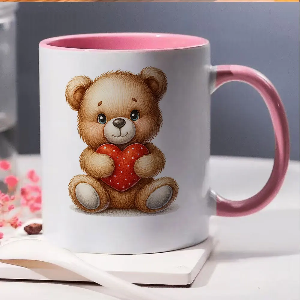11oz Cute Teddy Bear with Red Heart Print Ceramic Coffee Mug for Valentine's Day and birthday Home Use Holiday Present Christmas