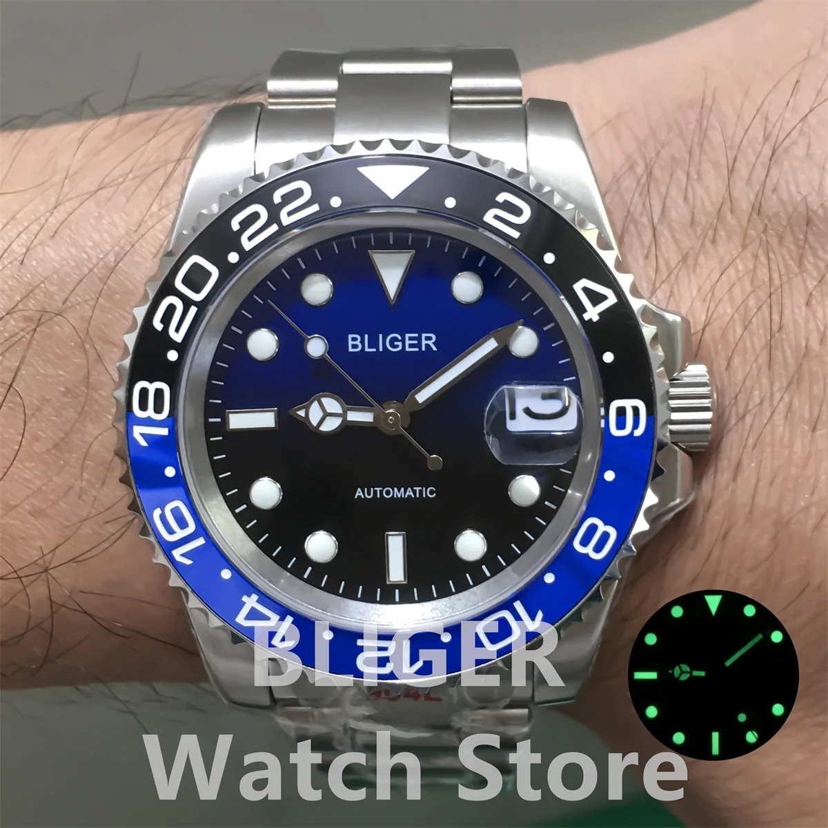 BLIGER Men\'s Watch 40mm NH35 PT5000 MIYOTA 120 Click case Ceramic bezel Blue Black gloss dial sapphire glass Green luminous